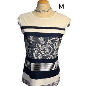 LAURA Elegant Tank Top Sleeveless Size Medium Sheer Bodice Horizontal Stripes